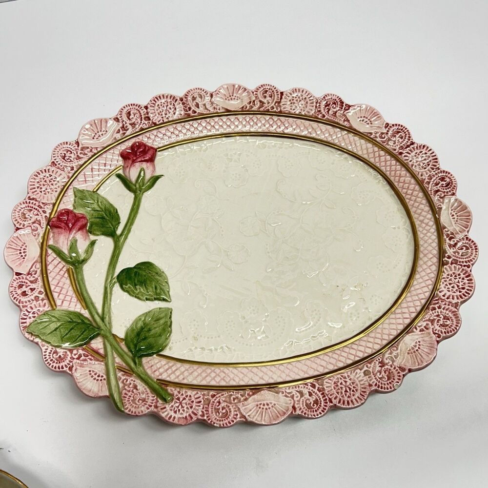 Vintage 1994 Omnibus Fitz and Floyd "Thinking of You" Pink Rose Lace Platter